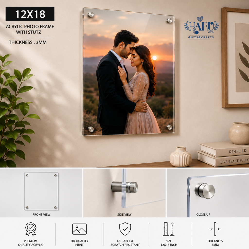 Personalized 12x18 inch acrylic photo frame with HD photo print, 3MM thickness and metal standoffs