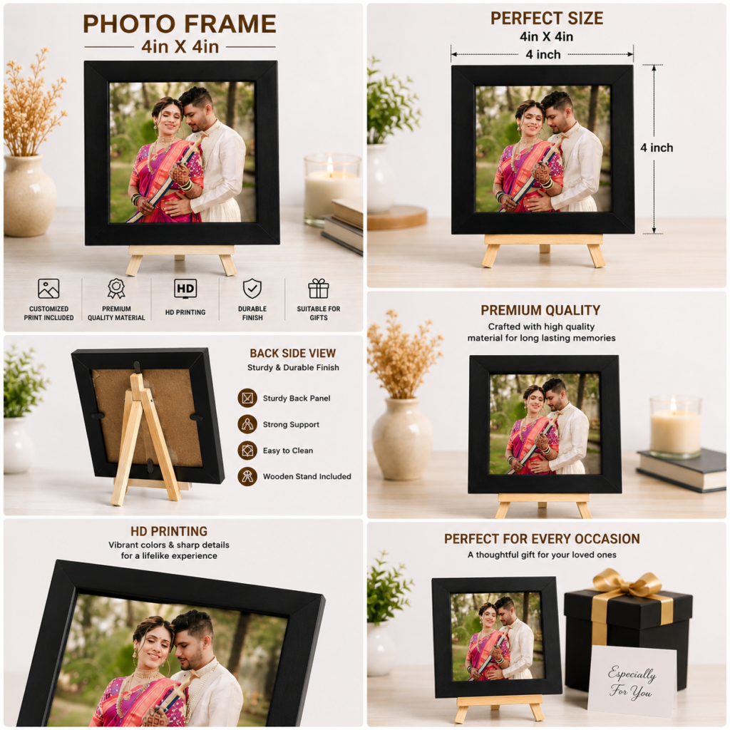 Personalized 4x4 inch black photo frame with customized HD photo print and wooden stand