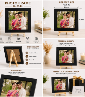 Personalized 4x4 inch black photo frame with customized HD photo print and wooden stand