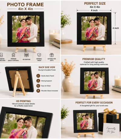 Personalized 4x4 inch black photo frame with customized HD photo print and wooden stand