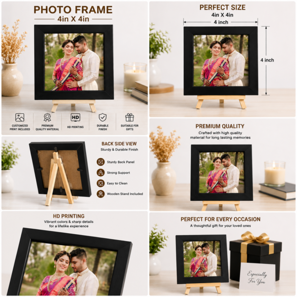 Personalized 4x4 inch black photo frame with customized HD photo print and wooden stand