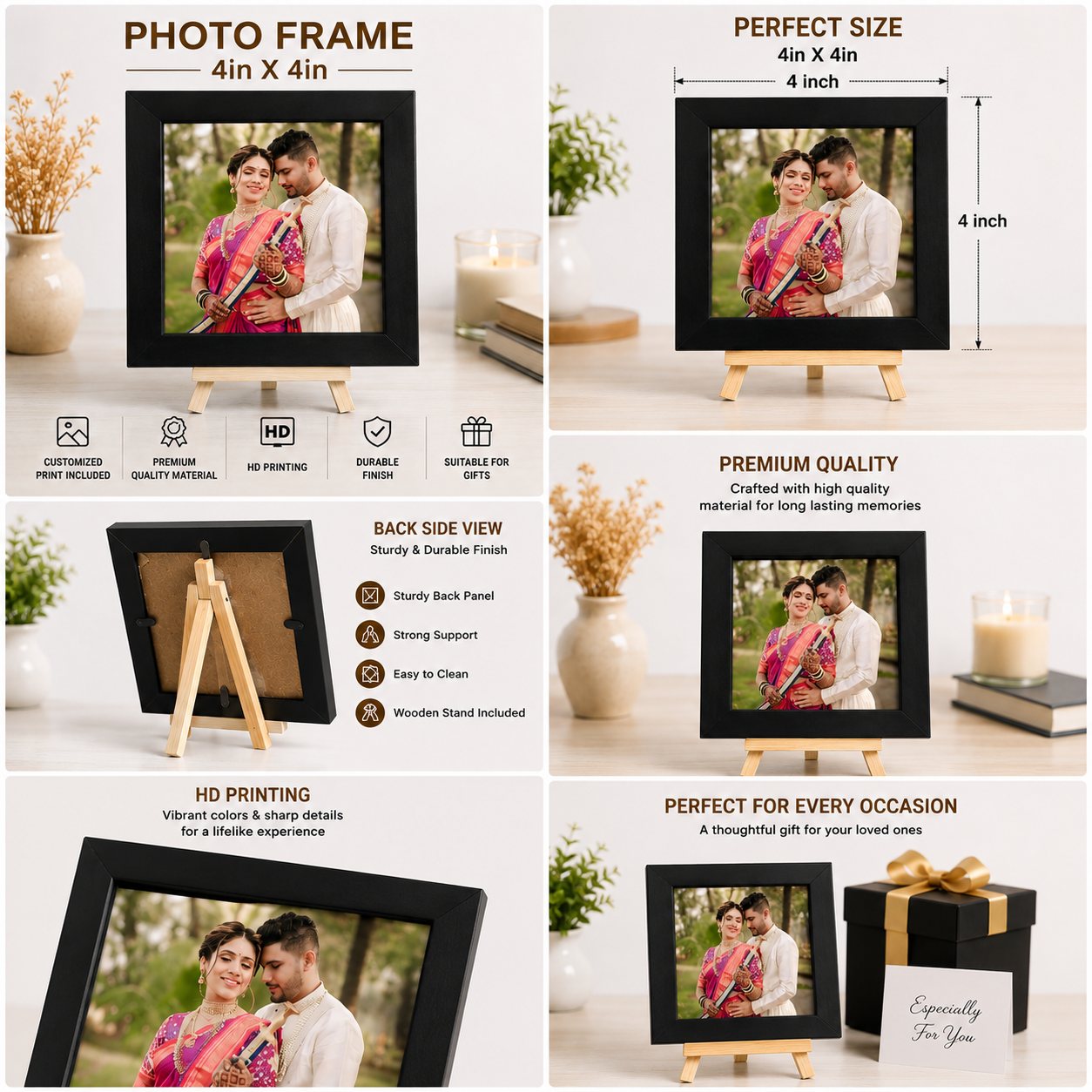Personalized 4x4 Inch Photo Frame with Wooden Stand Personalized 4x4 inch black photo frame with customized HD photo print and wooden stand