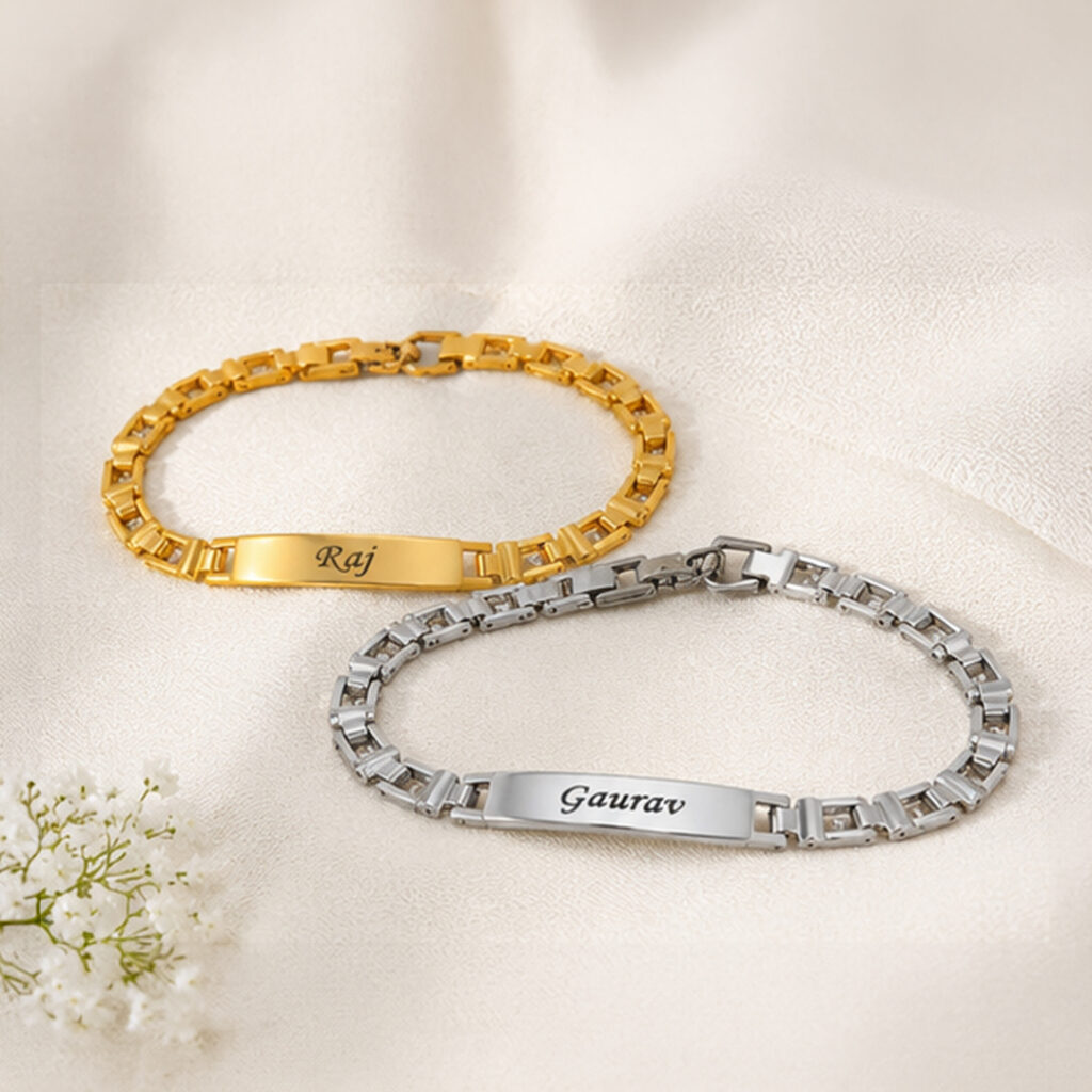 Personalized Name Engraved Bracelet Rakhi for Brother | Custom Metal Rakhi in Gold & Silver Finish | Raksha Bandhan Gift for Bhaii Personalized Name Engraved Stainless Steel Bracelet for Men & Boys – Customizable ID Bracelet in Gold & Silver Finish
