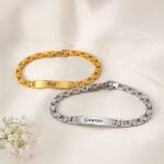 Personalized Name Engraved Bracelet Rakhi for Brother | Custom Metal Rakhi in Gold & Silver Finish | Raksha Bandhan Gift for Bhaii Personalized Name Engraved Stainless Steel Bracelet for Men & Boys – Customizable ID Bracelet in Gold & Silver Finish