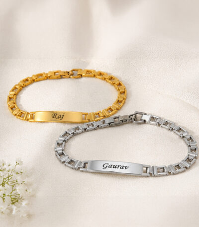 Personalized Name Engraved Bracelet Rakhi for Brother | Custom Metal Rakhi in Gold & Silver Finish | Raksha Bandhan Gift for Bhaii Personalized Name Engraved Stainless Steel Bracelet for Men & Boys – Customizable ID Bracelet in Gold & Silver Finish