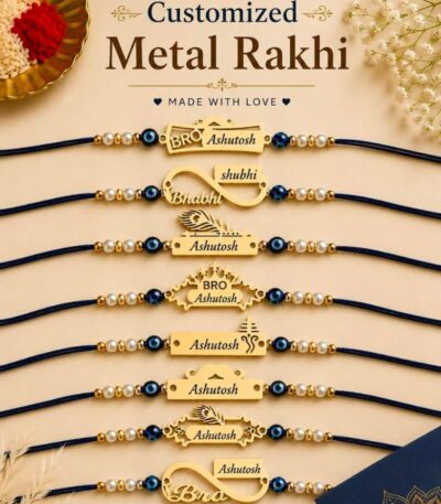Custom engraved metal name Rakhi with premium gold finish and decorative pearl bead thread.