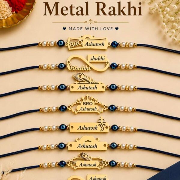 Custom engraved metal name Rakhi with premium gold finish and decorative pearl bead thread.