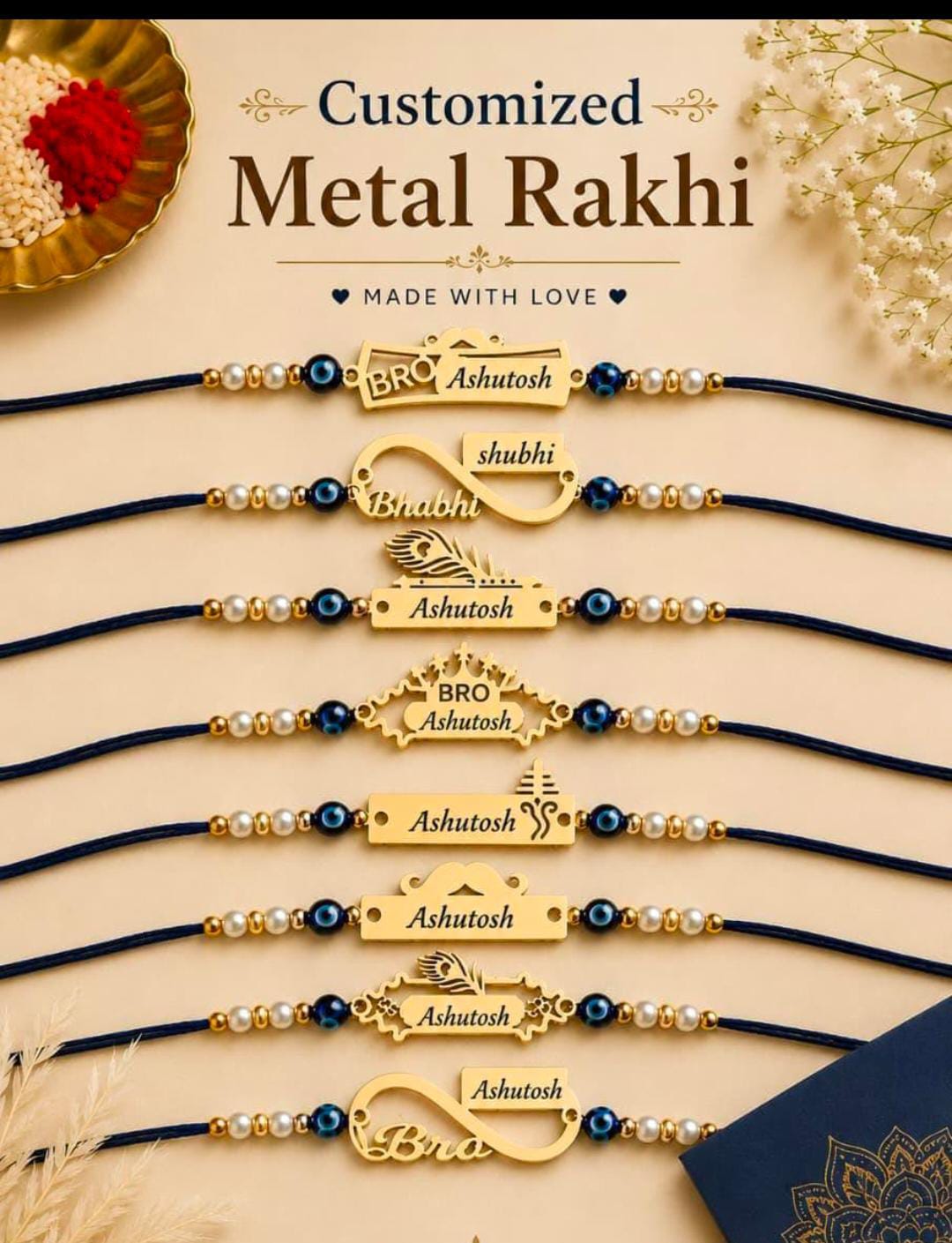 Custom Custom Engraved Metal Name Rakhi for BrotherEngraved Metal Name Rakhi Custom engraved metal name Rakhi with premium gold finish and decorative pearl bead thread.