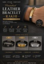 Custom engraved leather bracelet Rakhi with stainless steel name plate in black, gold, and silver finishes.