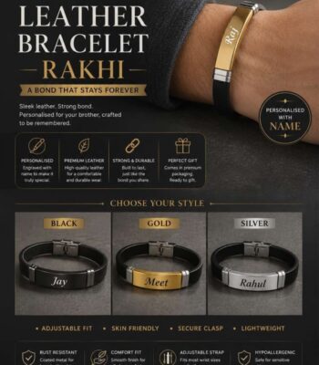 Custom engraved leather bracelet Rakhi with stainless steel name plate in black, gold, and silver finishes.