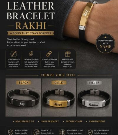 Custom engraved leather bracelet Rakhi with stainless steel name plate in black, gold, and silver finishes.