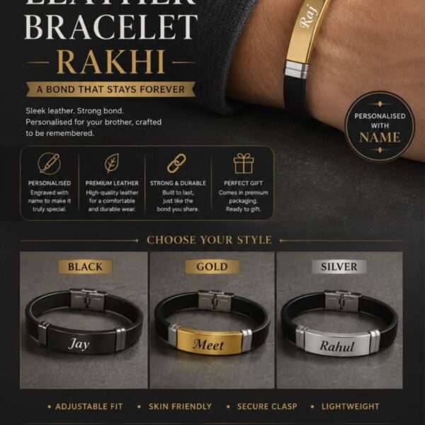 Custom engraved leather bracelet Rakhi with stainless steel name plate in black, gold, and silver finishes.