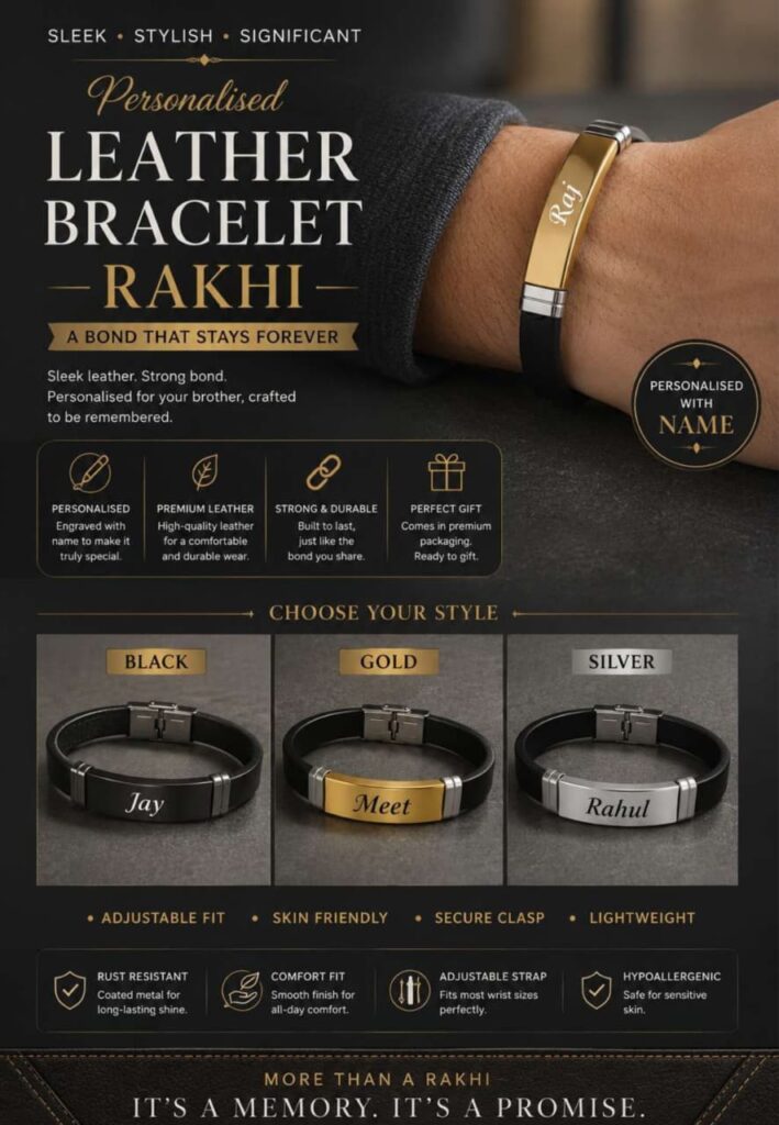 Custom engraved leather bracelet Rakhi with stainless steel name plate in black, gold, and silver finishes.