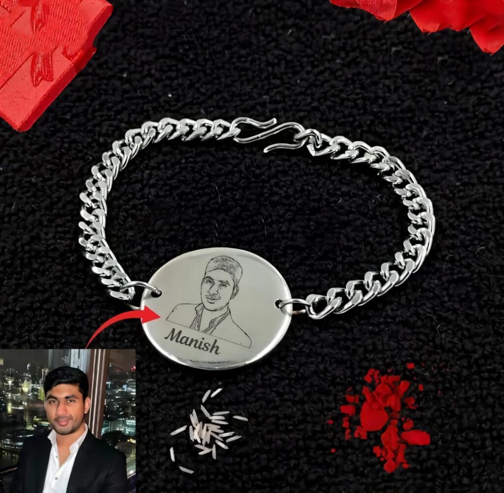 Silver sketch photo Rakhi with laser engraved portrait and custom name on a premium stainless steel plate.