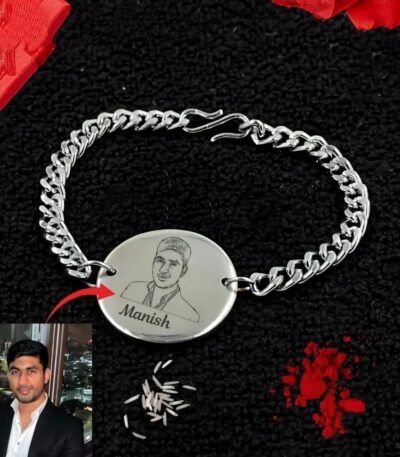 Silver sketch photo Rakhi with laser engraved portrait and custom name on a premium stainless steel plate.