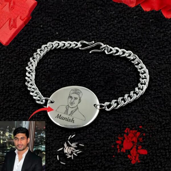 Silver sketch photo Rakhi with laser engraved portrait and custom name on a premium stainless steel plate.