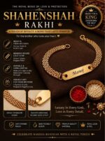 Customized Shahenshah gold name bracelet Rakhi with premium designer chain and engraved stainless steel name plate.