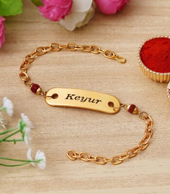 Custom gold name bracelet Rakhi with Rudraksha beads, engraved name plate, and premium adjustable chain.