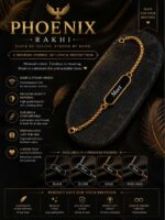 Custom Phoenix name bracelet Rakhi with engraved stainless steel name plate, premium chain, and available in Gold, Silver, Black, and Rose Gold finishes.