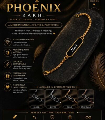 Custom Phoenix name bracelet Rakhi with engraved stainless steel name plate, premium chain, and available in Gold, Silver, Black, and Rose Gold finishes.