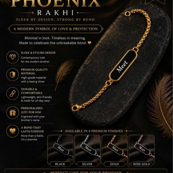Custom Phoenix name bracelet Rakhi with engraved stainless steel name plate, premium chain, and available in Gold, Silver, Black, and Rose Gold finishes.