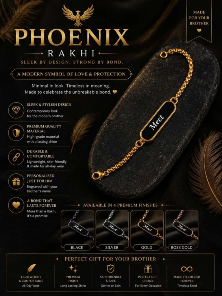 Custom Phoenix name bracelet Rakhi with engraved stainless steel name plate, premium chain, and available in Gold, Silver, Black, and Rose Gold finishes.