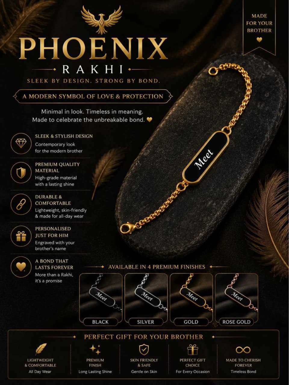 Custom Phoenix Name Bracelet Rakhi Custom Phoenix name bracelet Rakhi with engraved stainless steel name plate, premium chain, and available in Gold, Silver, Black, and Rose Gold finishes.
