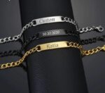 Custom stainless steel name bracelet with engraved name plate and premium silver curb chain.
