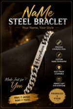 Custom stainless steel name bracelet with engraved name plate and premium silver curb chain.