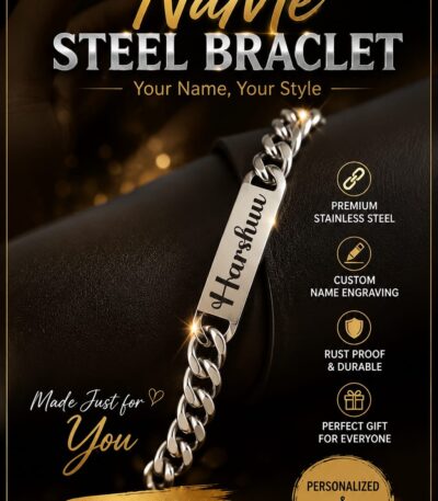 Custom stainless steel name bracelet with engraved name plate and premium silver curb chain.