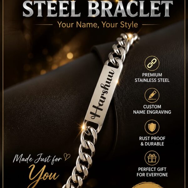 Custom stainless steel name bracelet with engraved name plate and premium silver curb chain.