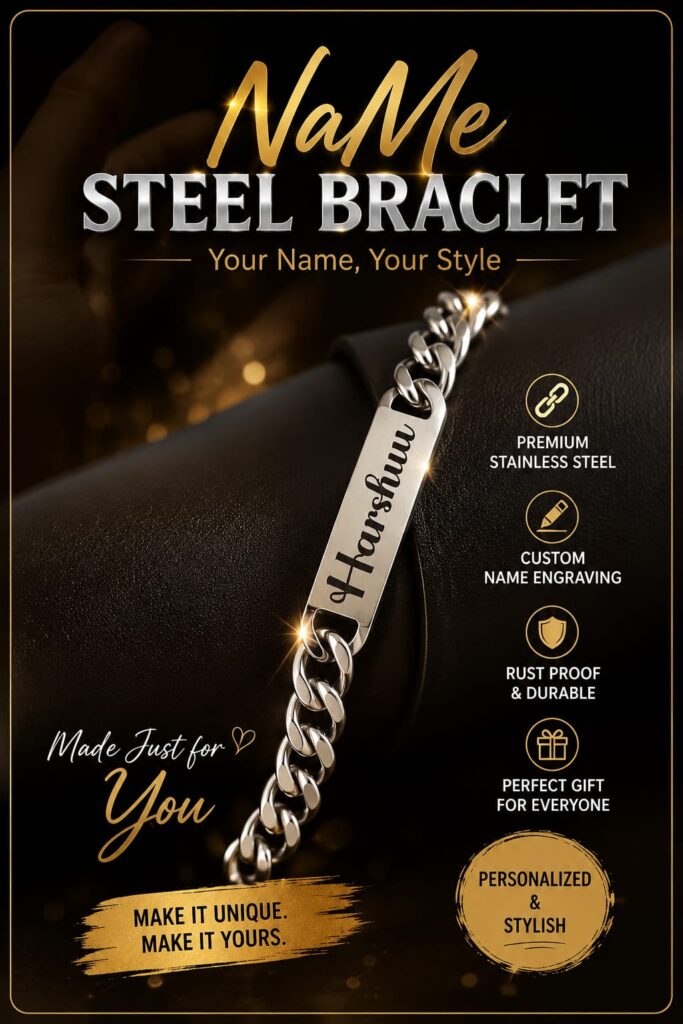 Custom stainless steel name bracelet with engraved name plate and premium silver curb chain.