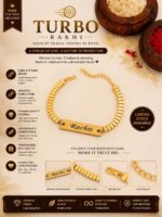 Custom Turbo Chain Name Rakhi Bracelet with engraved gold name plate and adjustable premium chain.