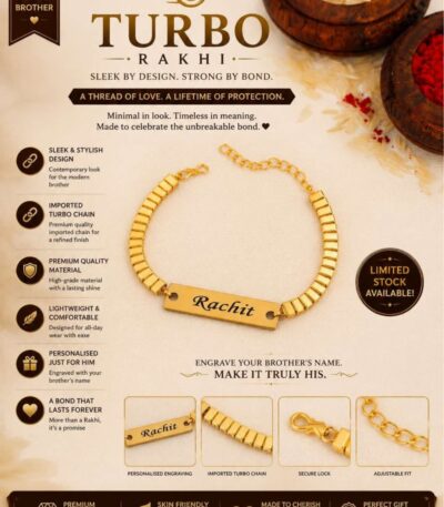 Custom Turbo Chain Name Rakhi Bracelet with engraved gold name plate and adjustable premium chain.