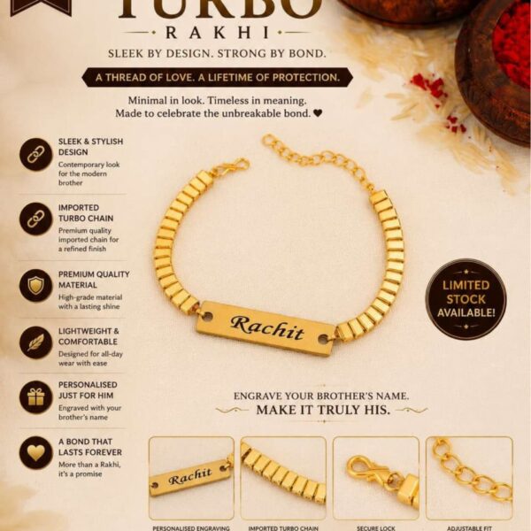 Custom Turbo Chain Name Rakhi Bracelet with engraved gold name plate and adjustable premium chain.