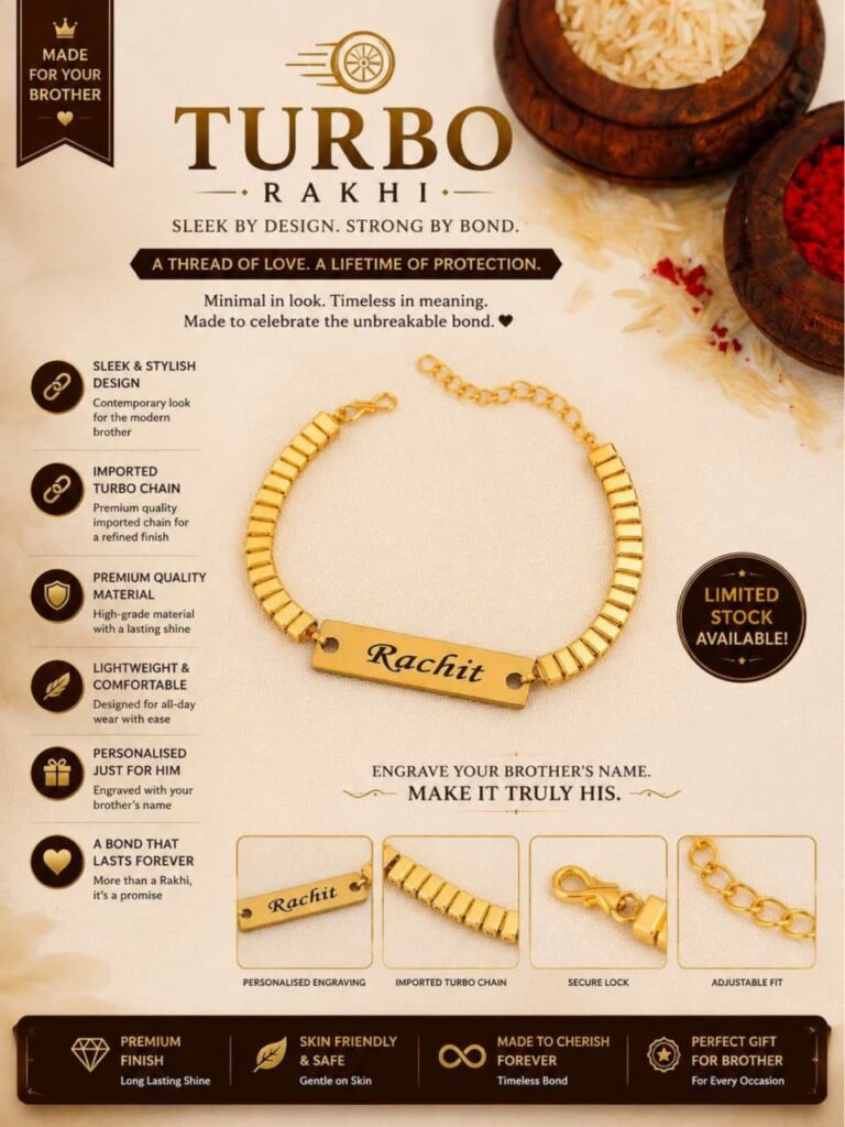 Custom Turbo Chain Name Rakhi Bracelet with engraved gold name plate and adjustable premium chain.