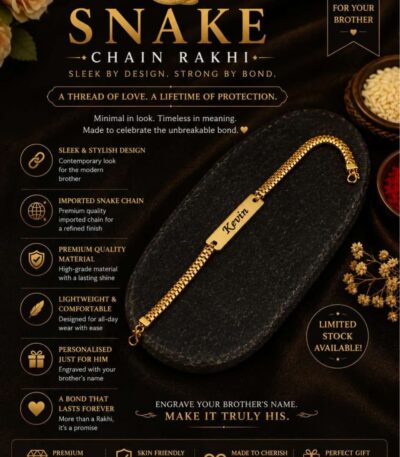 Custom Snake Chain Name Rakhi Bracelet with engraved gold name plate and premium adjustable snake chain.