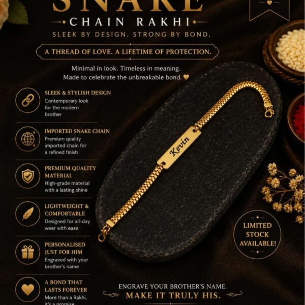 Custom Snake Chain Name Rakhi Bracelet with engraved gold name plate and premium adjustable snake chain.