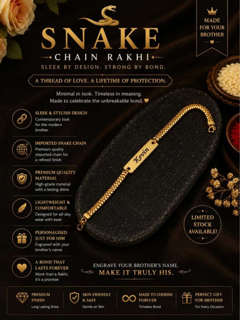 Custom Snake Chain Name Rakhi Bracelet with engraved gold name plate and premium adjustable snake chain.
