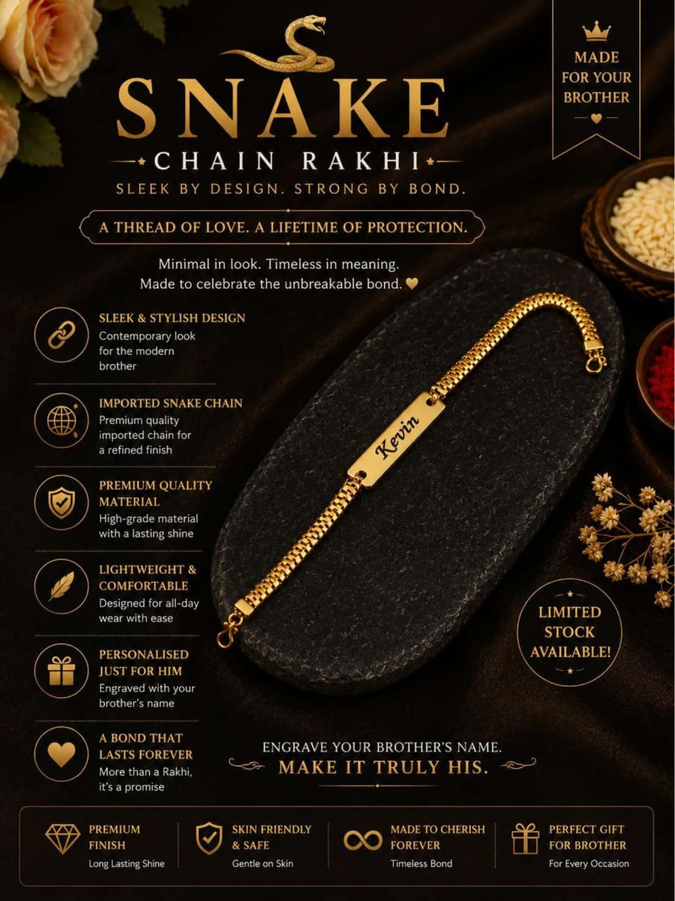 Custom Snake Chain Name Rakhi Bracelet Custom Snake Chain Name Rakhi Bracelet with engraved gold name plate and premium adjustable snake chain.
