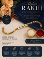 Custom Skyline Chain Name Rakhi Bracelet with engraved gold name plate and premium geometric chain.