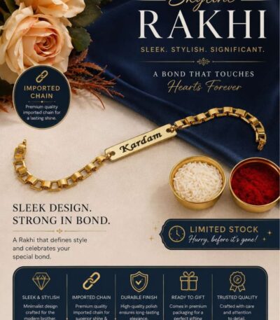 Custom Skyline Chain Name Rakhi Bracelet with engraved gold name plate and premium geometric chain.