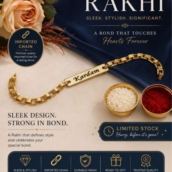 Custom Skyline Chain Name Rakhi Bracelet with engraved gold name plate and premium geometric chain.