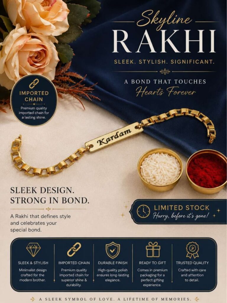 Custom Skyline Chain Name Rakhi Bracelet with engraved gold name plate and premium geometric chain.