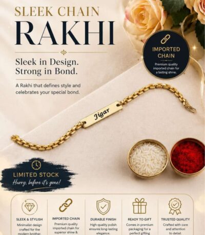 Custom Sleek Chain Name Rakhi Bracelet with engraved gold name plate and premium imported chain.