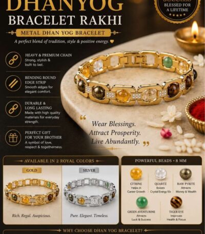 Dhan Yog crystal bracelet with premium stainless steel links and decorative gemstone-inspired accents in gold and silver finishes.
