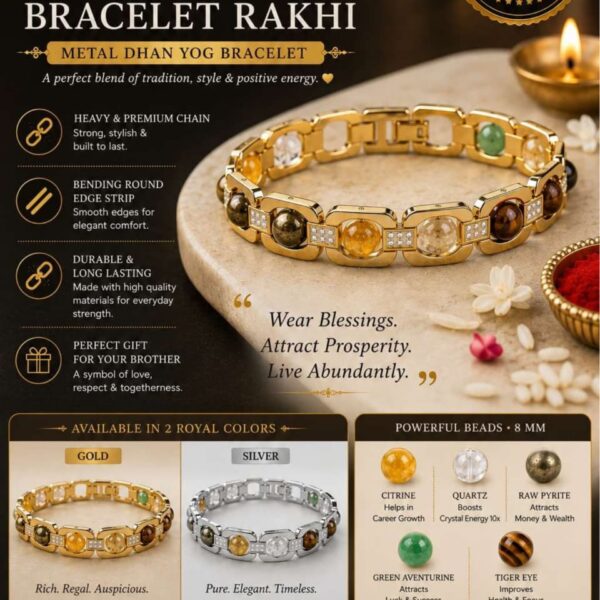 Dhan Yog crystal bracelet with premium stainless steel links and decorative gemstone-inspired accents in gold and silver finishes.