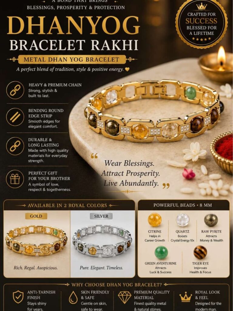 Dhan Yog crystal bracelet with premium stainless steel links and decorative gemstone-inspired accents in gold and silver finishes.