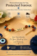 Personalized Evil Eye Rudraksha Rakhi with custom engraved name plate, sacred Rudraksha beads, blue Evil Eye beads, and adjustable gold-finish chain.