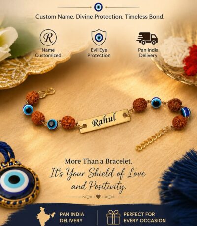 Personalized Evil Eye Rudraksha Rakhi with custom engraved name plate, sacred Rudraksha beads, blue Evil Eye beads, and adjustable gold-finish chain.